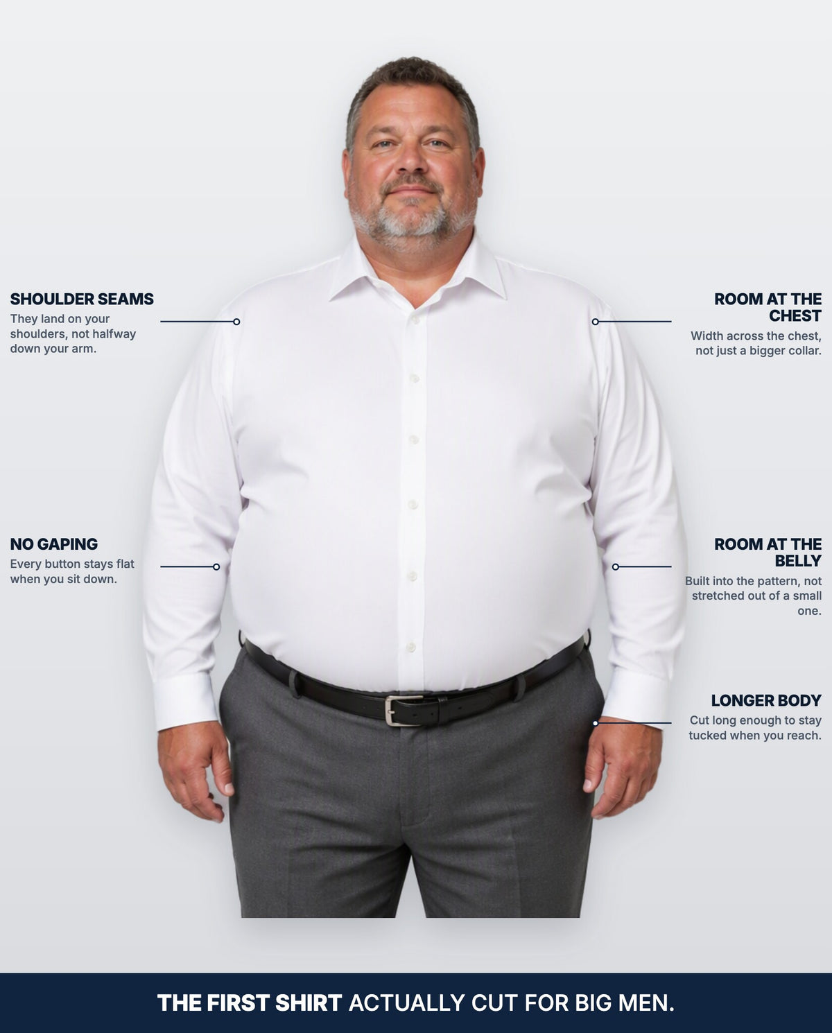 The Big Boy's Shirt with the shoulder seams, chest room, no gaping, belly room and longer body called out
