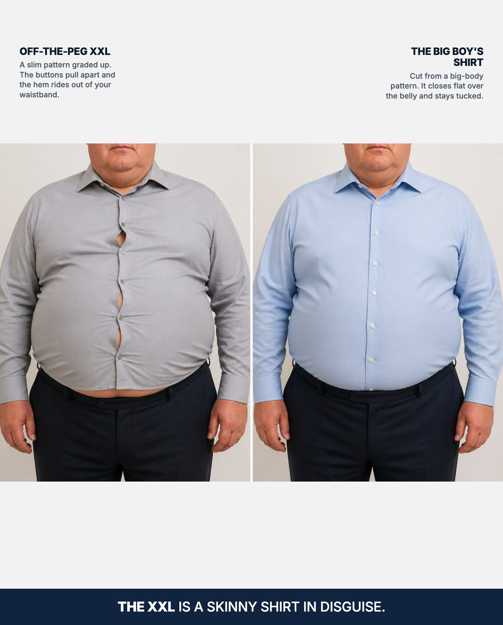An off-the-peg XXL gaping at the belly next to The Big Boy's Shirt closing flat