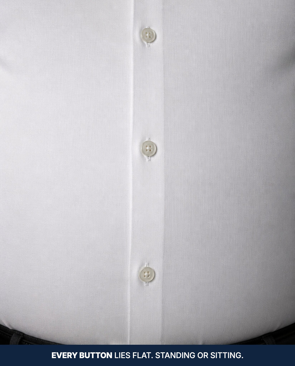 Close-up of the button placket lying flat across the widest part of the belly