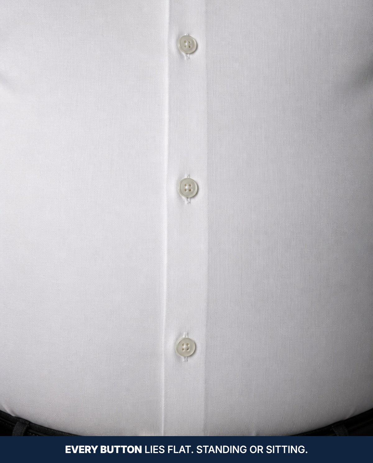 Close-up of the button placket lying flat across the widest part of the belly