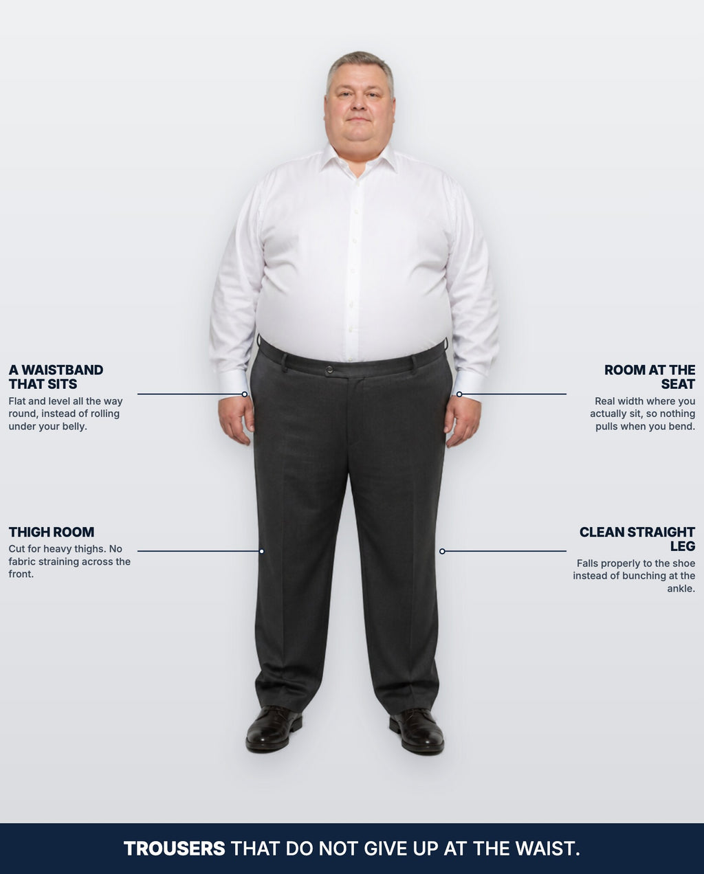 The Big Boy's Trousers with the waistband, seat room, thigh room and leg line called out