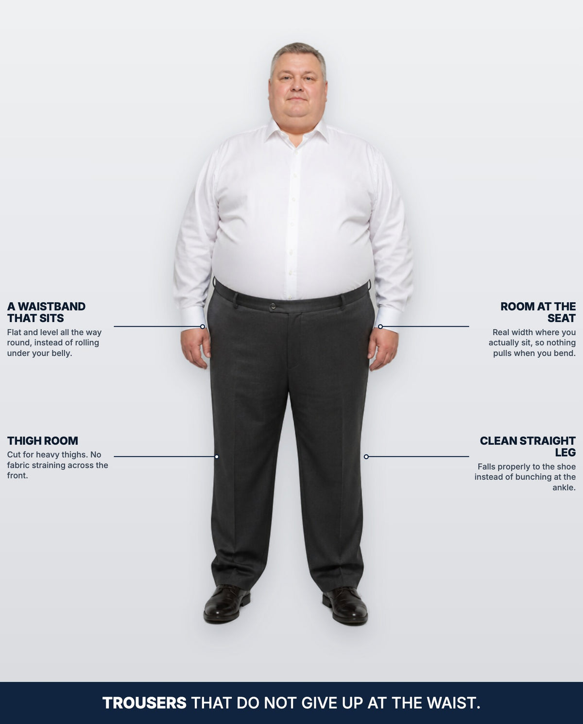 The Big Boy's Trousers with the waistband, seat room, thigh room and leg line called out