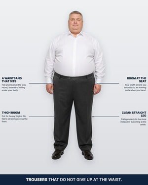 The Big Boy's Trousers with the waistband, seat room, thigh room and leg line called out