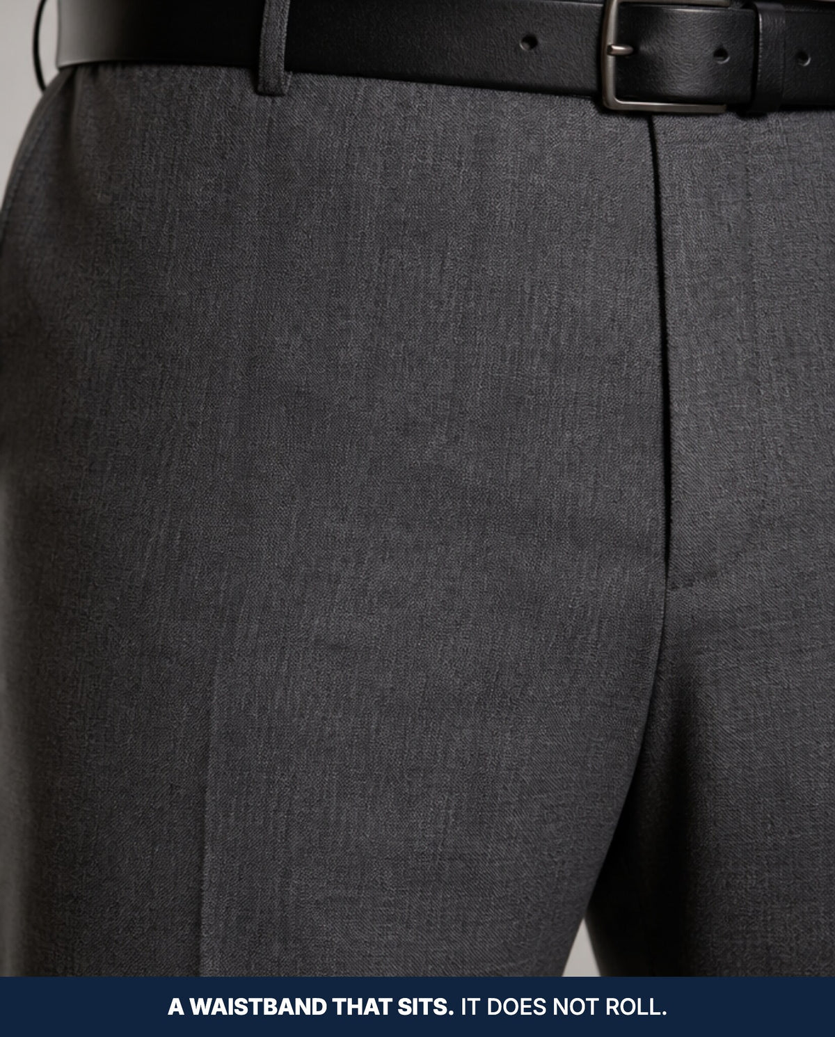 Close-up of the waistband sitting flat and level with no rolling