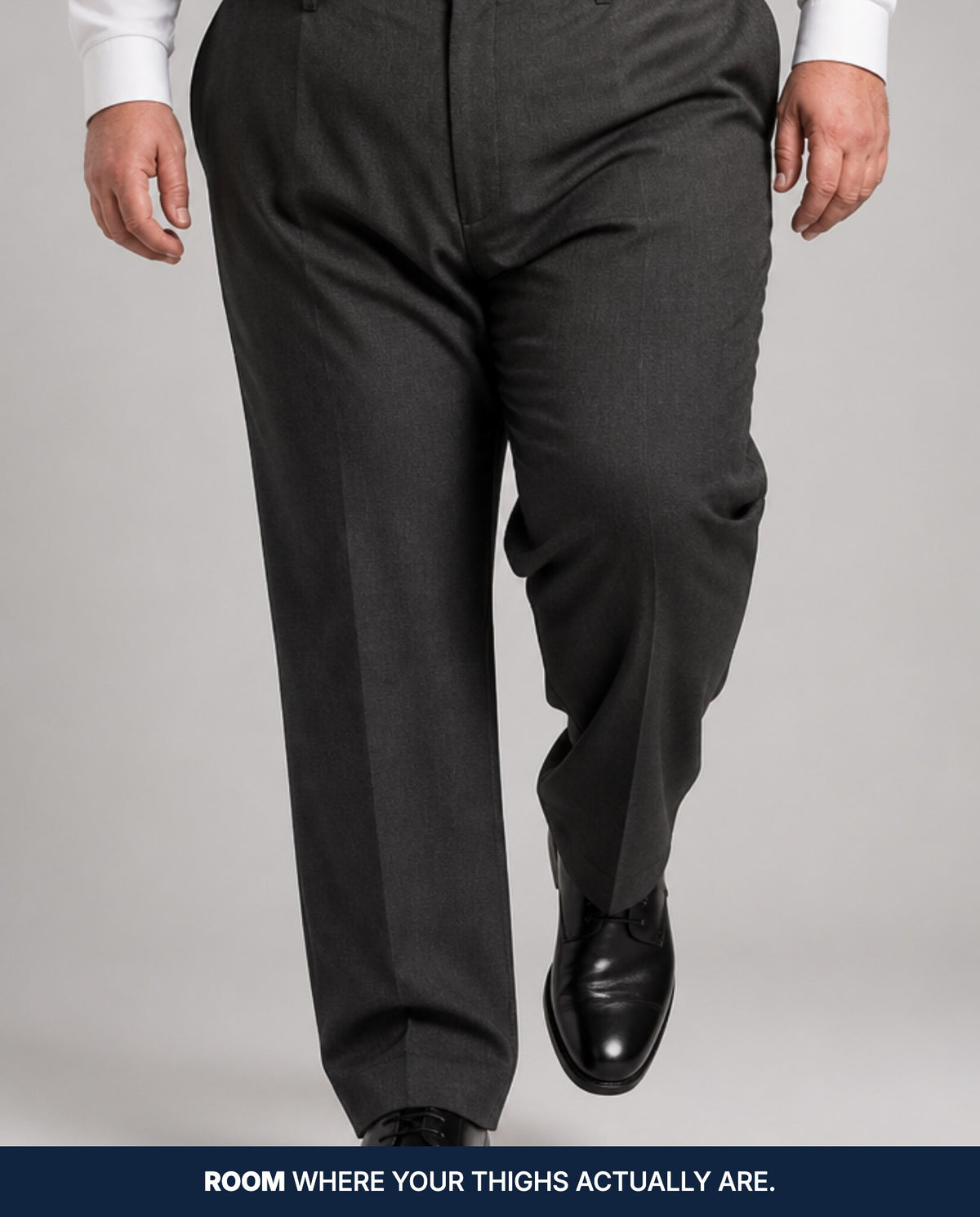 Mid-stride, room through the thigh with no fabric pulling
